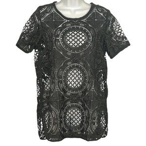 Sundance Catalog Shadow Dance Crochet Lace Tee S Black‎